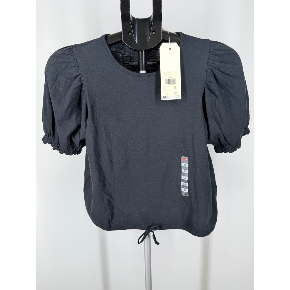 Levis Womens XS Black Puff‎ Sleeve Drawstring Hem Cotton Knit Top NWT